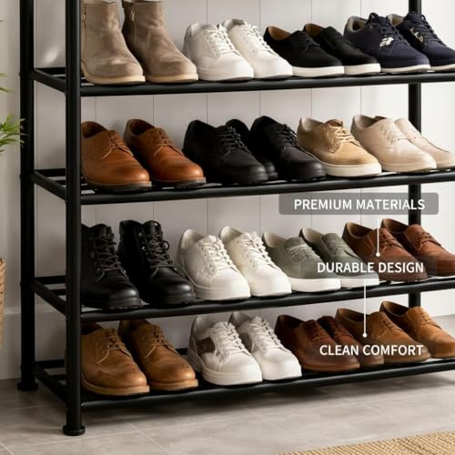 Image of Metal Shoe Rack for Home - Adjustable & Stackable Waterproof Open 5-Tier Shoe Rack for Closet Entryway, Bedroom, Outdoor, DIY Multi-Purpose Carbon Steel Shoe Stand - Black (Black, 5-Shelf)