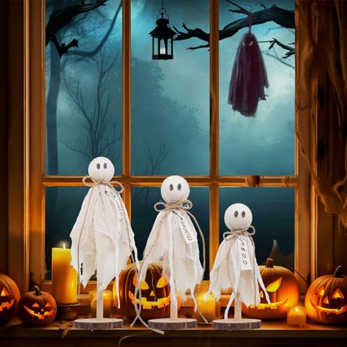 Wooden Ghost Halloween Decorations Indoor– Set of 3 $3.99 Sizes Rustic Shelf Sitters with Fabric Ghost Figures - image 6