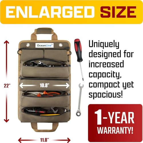 Image of OceanLive Roll Up Tool Bag 7 Pockets Heavy Duty 1680D Oxford Polyester Water Resistant Tool Kit Bag for Electrician Service Engineer with Detachable Pouches Shoulder Strap Sea Green