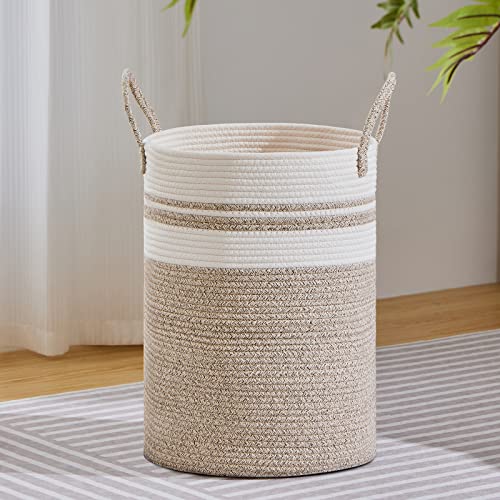 Image of VIPOSCO Large Laundry Hamper, Tall Woven Rope Storage Basket for Blanket, Toys, Dirty Clothes in Living Room, Bathroom, Bedroom - 58L Brown & White