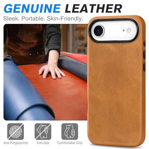 Image of SHIELDON Genuine Leather Case for iPhone Air 6.5 inch 2025, Retro Light Brown | Compatible with MagSafe, Magnetic Wireless Charging, Camera Button, Metal Buttons, Camera Bezel, Slim, Shockproof, Women Men