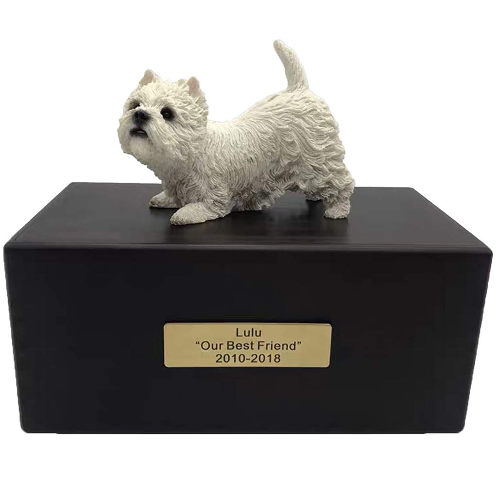 Personalized Rosewood Custom Pet Ashes Urn with Statue Customisable Engraved Nameplate for Dog and Cat Name and Date Pets Box Cremation Funeral Keepsake Urns for Dogs Cats(West Highland White Terrier)