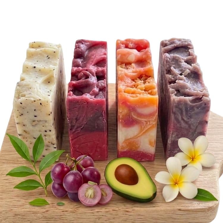 Pack 4 Jabones Artesanales Naturales – Jabones Sólidos de Aguacate, Pepita de Uva, Monoï y Árbol de Té | Jabón Facial, de Manos y para el Cuerpo | Veganos, Hidratantes | Hecho en España