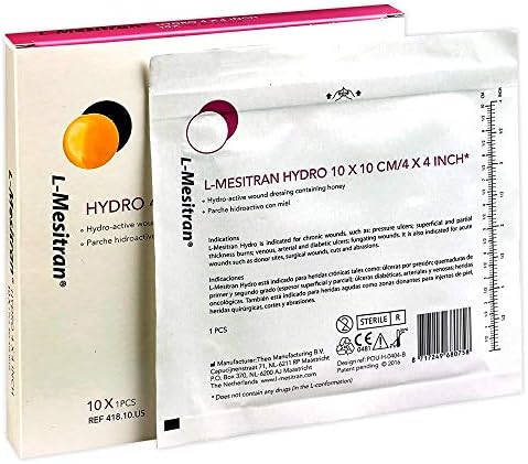 L-Mesitran Hydro Dressing with 30% Medical Grade Honey. Hydrogel Pad for Healing, Soothing & Anti-Inflammatory Properties, Superficial & Post Operative Wounds 4" x 4" 10-Pack