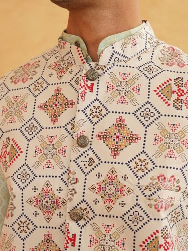 Image of SOJANYA (Since 1958 Men's Silk Blend Self Design Pista Green Kurta With Pyjama & Cream Nehru Jacket