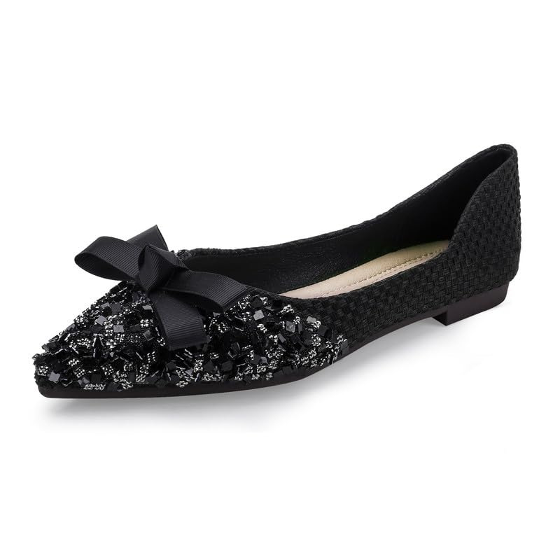 Women's Pointed Rhinestone Flat Shoes Glitter Flowers Wedding Comfortable Dress Shoes 8 Black2