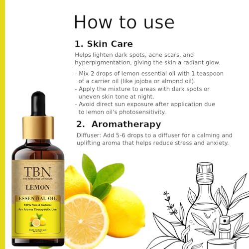 Image of TBN 100% Pure Lemon Essential Oil For Skin and Hair Care | Steam Distilled Lemon Fragrance Oil For Diffuser | Aromatherapy Diffuser Oil - 15 ml