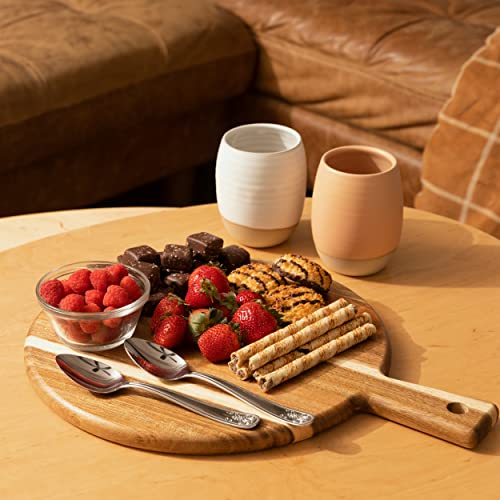 Image of Acacia Wood Cutting Board and Chopping Board with Handle for Meat, Cheese Board, Vegetables, Bread, and Charcuterie - Decorative Wooden Serving Board for Kitchen and Dining Room, Large 13 inch x 13 inch