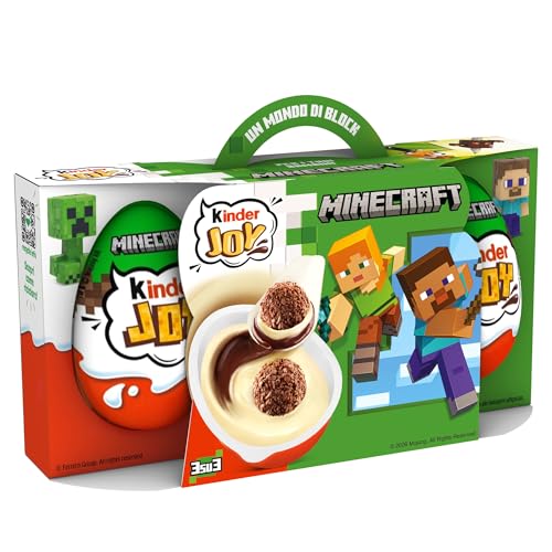 Kinder Joy - Set di 3 Uova con Sorpresa, Due Croccanti Waferini Dentro a un Doppio Strato di Crema al Latte e Crema al Cacao, un Gioco Unico Minecraft, Snack Dolce per Merenda, 60 g
