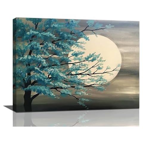 Tree Decor wall art Tree canvas Pictures Moon Wall Decor Teal Canvas Prints Painting Framed Artwork for Bathroom living room Bedroom 16"x12" Cover