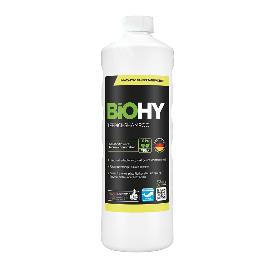 BiOHY Shampoing pour Tapis (Bouteille de 1l) | Concentré de nettoyant pour tapis | idéal pour enlever les taches tenaces | bien toléré par les animaux (Teppichshampoo)