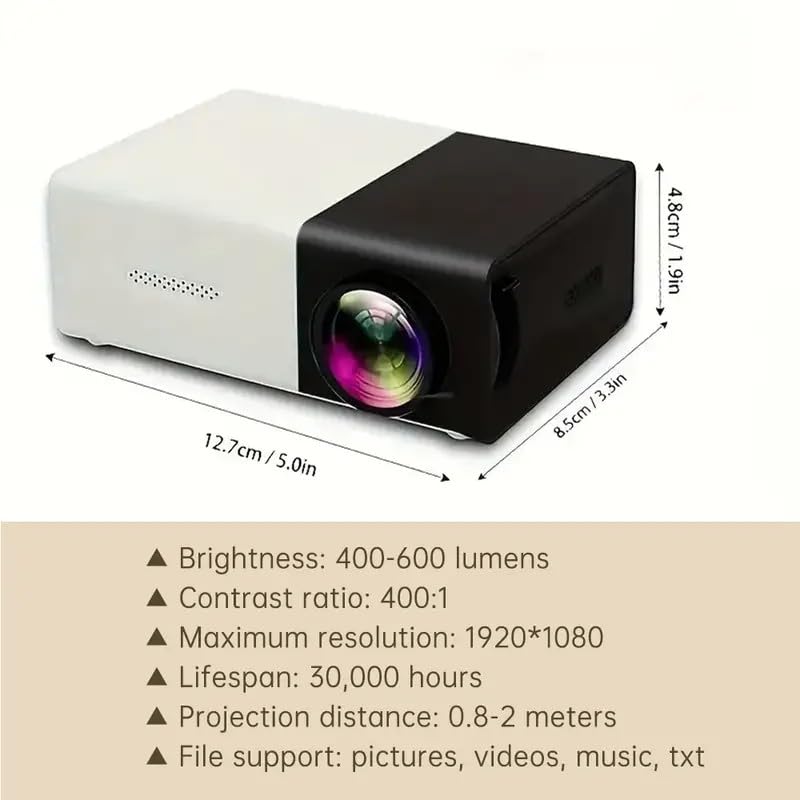 Mini projecteur portable, HD 720p, double haut-parleurs, écran 130 pouces pour home cinéma et bureau