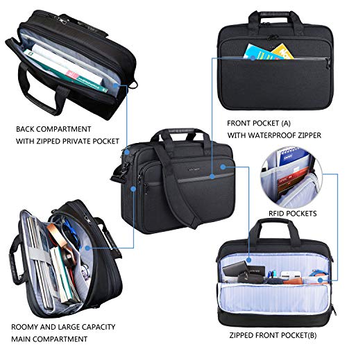 KROSER Premium Expandable Laptop Bag for Up to 17.3 - Water-Repellent Messenger with RFID Pockets for Travel/Business - Black