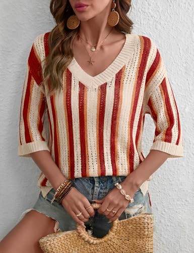 Image of Rapbin Women's Crochet V Neck Beach Cover Up 3 /4 Sleeve Hollow Out Knitted Pullover Sweater