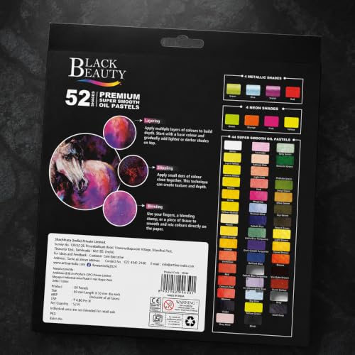 Image of Black Beauty Oil Pastels 52 Shades Set | 44 Classic, 4 Neon & 4 Metallic Colours | Super Smooth Pastels for Drawing, Blending, Shading & Layering | Art Supplies for Kids & Artists