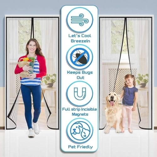 Image of Magnetic Mosquito Screen Door Net Curtain with Magnets Reinforced Polyester Mesh Curtain Back Door Mesh with Full Frame Hook & Loop