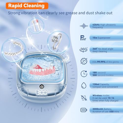 Image of Ultrasonic Retainer Cleaner Machine, 45kHz Dental Cleaning Pod for Dentures, Aligners, Night Guards & Jewelry, 130ML Denture Cleaner 2 Timed Modes & Travel Design