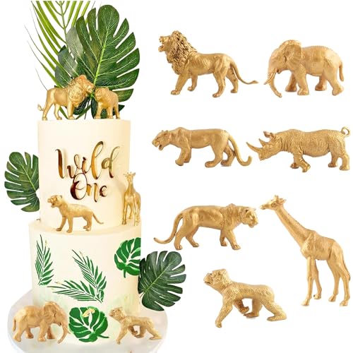 Gold Safari Jungle Wild Animals Cake Toppers Wild Animal Cake Decorations for Baby Shower Safari Jungle Theme Party Supplies