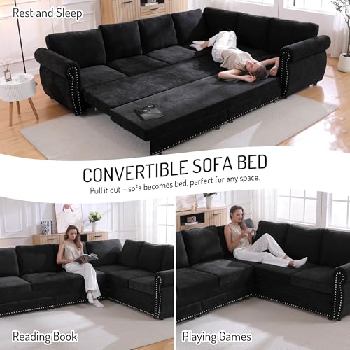 Image of KCGKCG 118 inch Sleeper Sofa Bed, Sectional Couches for Living Room /Apartment, Chenille L Shaped Couch with Pull Out Couch Bed, Convertible Sectional Sofa with Rolled Arm & Nailhead Trim, Black