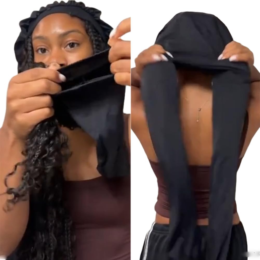Long Bonnets for Black Women Large Satin Bonnet for Braids Hair Silk Bonnet with Stretchy Tie Band Sleep Cap Hair