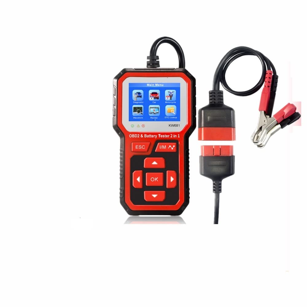 Comprobador de baterias de coche Kw681 Probador de batería de coche 6V-12V Analizador de batería for automóvil Herramienta de diagnóstico automático 2 IN1 2000 Cca Probador de carga de la batería OBD2