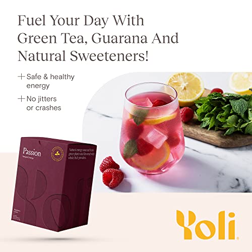 Image of Yoli Passion Energy Powder Mix, Raspberry Lemon, Sugar-Free, 30 Packets | Sugar-free raspberry lemon energy drink mix with green tea and guarana for endurance, stamina, and daily performance support.