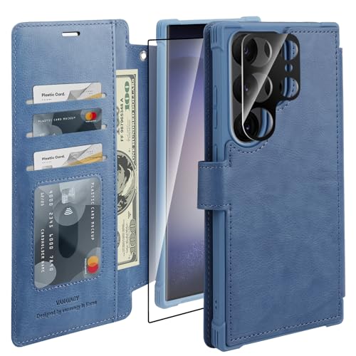 VANAVAGY Wallet Case for Galaxy S24 Ultra with RFID Flip Card Holder,[Glass Screen Protectors & Camera Lens Protector] Leather Wrist Strap Supports Wireless Charging Case,Blue