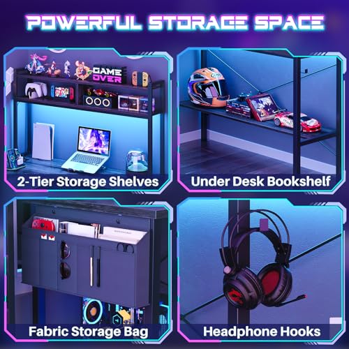 Image of Aheaplus L Shaped Desk Gaming Desk, 59 inch L Shaped Computer Desk with LED Light & Power Outlet, Reversible Home Office Desk Gamer Desks with Shelves & Storage Bag & Hooks, Corner PC Desk, Black Oak