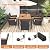 HAPPYGRILL 7 Pieces Outdoor Dining Set, Patio Conversation Set with Umbrella Hole, Acacia Wood Tabletop & Seat Cushions, Dining Table with 6 Rattan Wicker Chairs for Backyard Poolside Deck