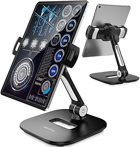 AboveTEK Tablet Stand Holder, Stylish Aluminum iPad Stands, Foldable 360° Swivel iPad iPhone Table Stand Holder fits 4-11" Tablets/Smartphones for Kitchen Bedside Office POS Showroom Reception(Black)