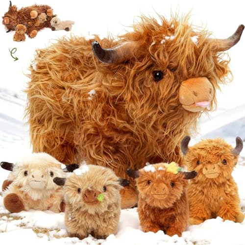 OUOZZZ 5 Stück Hochlandrind Kuh Kuscheltier Set, Weich Hochlandrind Plüschtier mit 4 Baby Stofftiere im Bauch - Baby Geburtstagsgeschenk für Mädchen Jungen Kinder