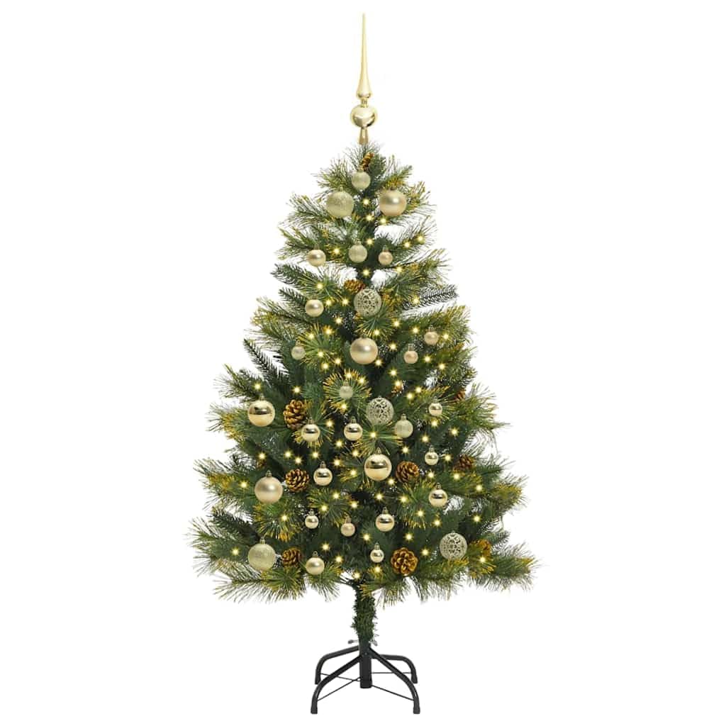 Albero di Natale artificiale pieghevole da 150 cm, sottile, con pigne e luci a LED, PVC e metallo, per interni ed esterni protetti, decorazione festiva