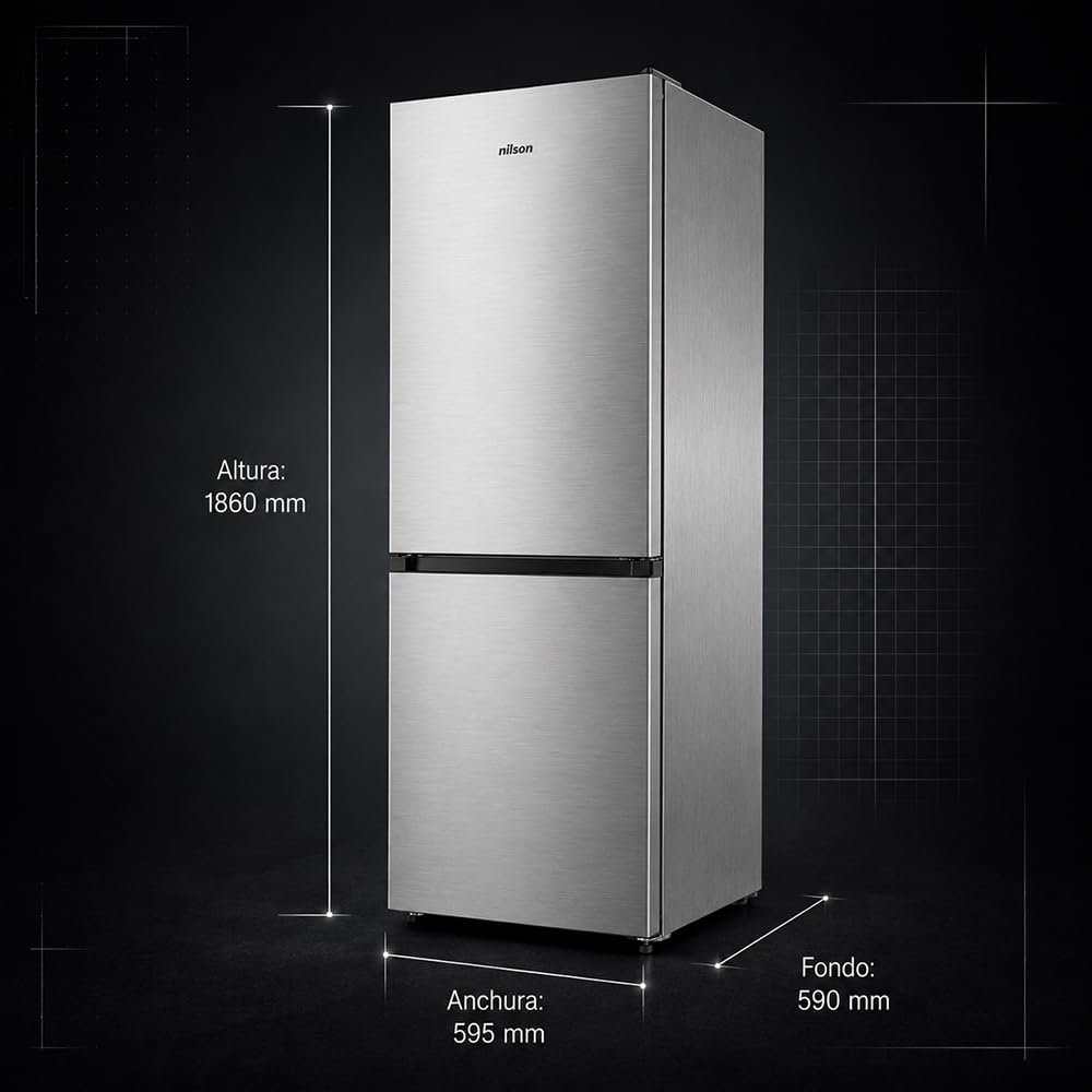 NILSON Frigorifero combi in acciaio inox a 2 ante, NC185601ENFX, capacità 293 litri, No Frost, Multi Air Flow, 40 dB, porta reversibile, apertura tipo maniglia, classe energetica E