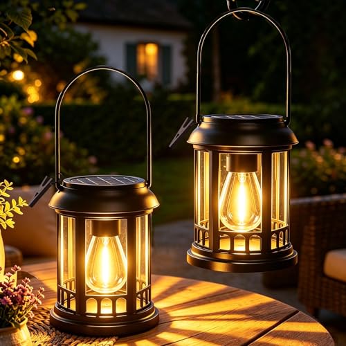 yowin Lanterne Solaire Exterieur Jardin 2 Pièces Lampe Solaire Suspension Exterieur avec Ampoule LED, Lampe de Table Solar IP44 Étanche Luminaire Exterieur...