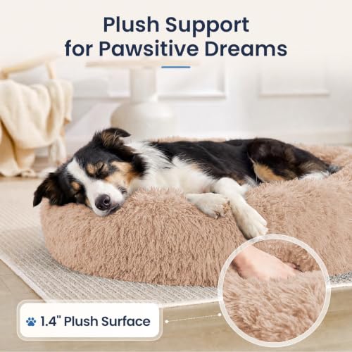 Image of JOLLYVOGUE Calming Washable Dog Beds Large Sized Dog, 36inch Donut Large Dog Bed with Removable Cover, Anti-Slip Round Fluffy Faux Fur Bed, Fits up to 80 lbs Pets, Camel
