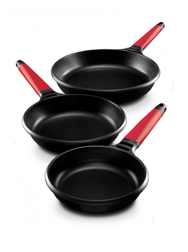 CASTEY - Juego de Sartenes de Fundix, Medidas 18, 22 y 26 cm, Color Rojo, Antiadherente, Sin PFOA, Ligera y Maniobrable, Mango Ergonómico, Apto para Todas las Cocinas
