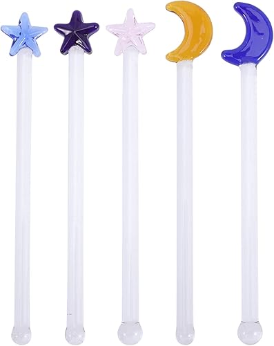ULTECHNOVO 5 palitos de cristal Swizzle Sticks Moon Star Agitadores de café lindos agitadores de bebidas de cóctel, cucharas agitadoras para