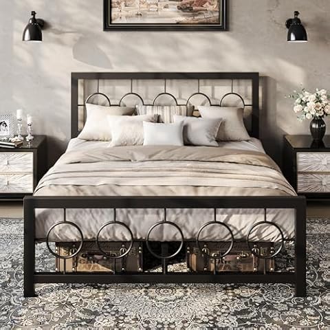 HOOMIC Queen Size Metal Platform Bed Frame with Vintage Circular Design Headboard and Footboard, Extra Under-Bed Storage, No Box Spring Needed, Black Cover