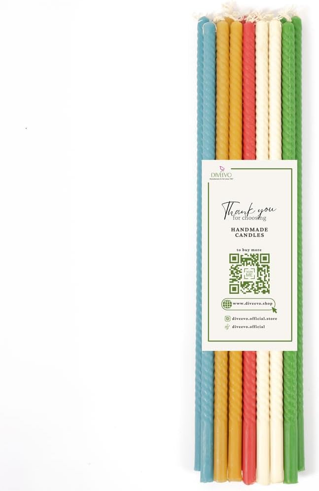 Pack of 15 Twisted Pure Beeswax Candles 30 cm, Burn Time 140 Minutes, Decoration, Meditation, Religious Ceremonies I Red, Green, Black, Yellow, Light Blue (Multi-Colour-2)