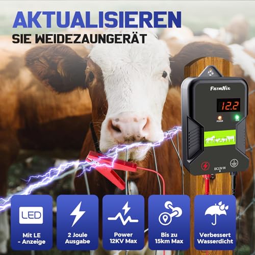 12V Weidezaungerät mit LED Anzeige, 2J Wasserdicht Elektrischer Weidezaun 230V für 15 KM Reichweite, LED Display Eelektrozaun für Schutz von Nutztieren,Haustieren,Geflügel, Hausweide,Gärten (Schwarz)