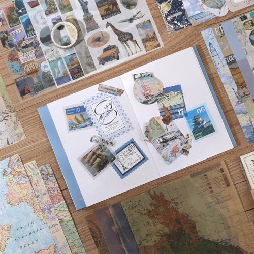 Image of VIBE VISTA Vintage Aesthetic Scrapbook Kit, 346 Pcs, A6 Grid Notebook, Washi, Envelopes, Scrapbook Papers, Folding Labels, Background Papers, Photo Frames, Calendar Stickers, Stickers (Global Travel)