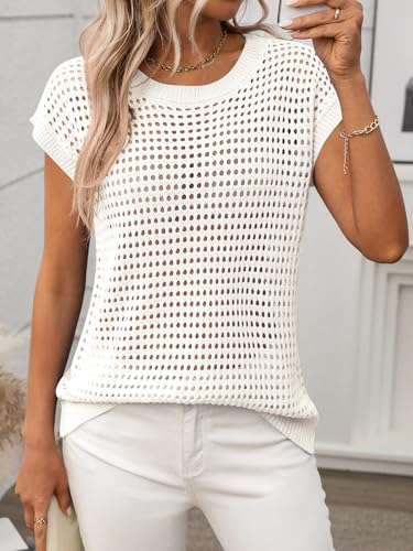 Image of Womens Crochet Cap Sleeve Sweater Summer Crew Neck Casual Hollow Out Knit Tops Pullover Trendy Beach Cover Ups Outfits