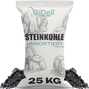 GiDeli Steinkohle 25kg - Kohle Fuer ofen und Kaminofen - Unsortierte Anthrazitkohle 5–50 mm – Hoher Heizwert 24–26 MJ/kg – Big Bag Heizkohle zum Heizen
