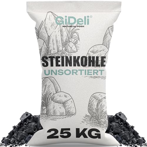 GiDeli Steinkohle 25kg - Charbon pour poêle et cheminée - Anthracite non triée 5–50 mm – Pouvoir calorifique élevé 24–26 MJ/kg – Gros sac de charbon de chauffage pour le chauffage
