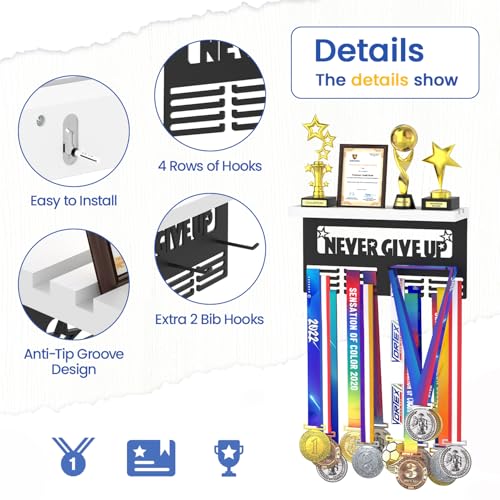 Image of Medal Holder Display Trophy Shelf Organizer, Sturdy Wooden Race Award Hanger Rack with 25 Steel Hooks, Wall Mount Storage Stand for Sports Fans, Cheer Success