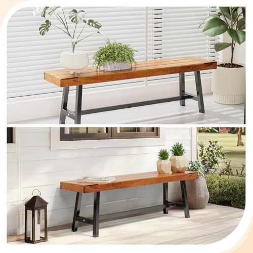 Image of VINGLI Outdoor Bench with Metal Legs Rustic, Wood Dining Bench Indoor Outdoor Porch Benches for Yard Garden Dining (63in)
