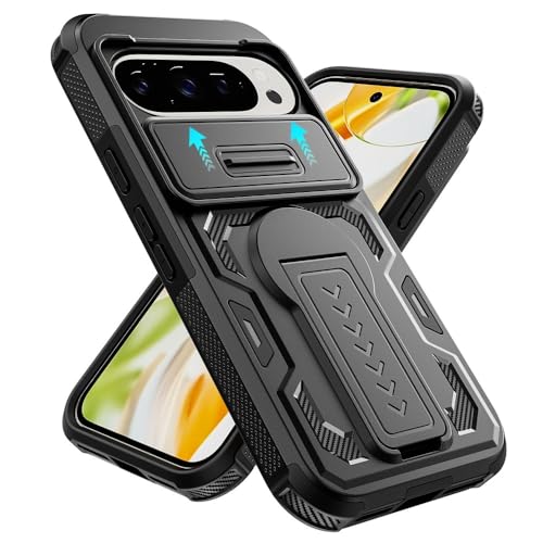 Coque Google Pixel 9 5G noire avec protège-objectif coulissant et support arrière rigide