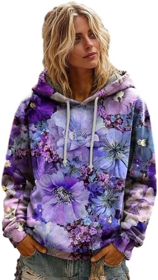 OSCORP women's Boho Floral Hoodie Oversized Patchwork Watercolor Print Casual Hooded Pullover with Pocket for Daily Wear