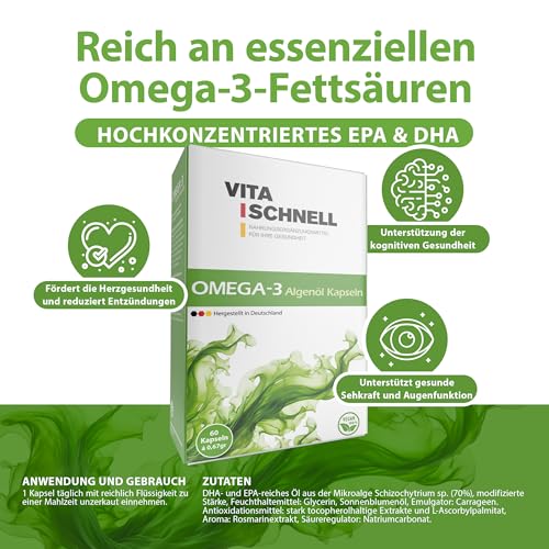 Vita Schnell Omega 3 Algenöl – 60 hochdosierte Kapseln mit 250mg EPA und DHA – Vegan, glutenfrei & laktosefrei – Ohne Allergene – nachhaltig produziert – Bild 4