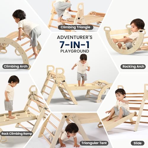 Image of BlueWood Pikler Triangle Set, Foldable Wooden Toddler Climbing Toys Indoor Playground Jungle Gym Montessori Philosophy Climber for 2-6 Years Old, Baby, Kids (Natural Wood)